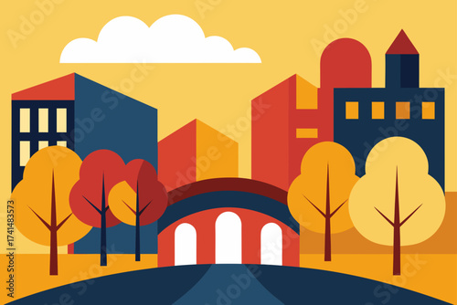 Stylized cityscape with bridge and autumnal trees