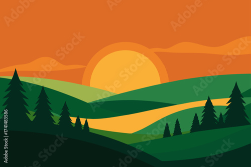 Landscape view of hills and trees during sunset time