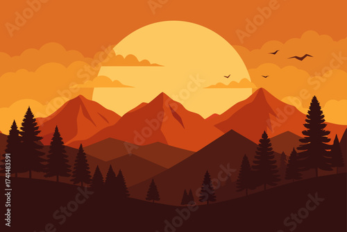 Landscape view of mountains with sunset and birds