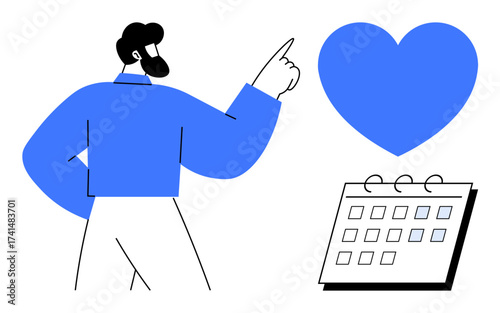 Man gesturing toward a blue heart and a calendar. Ideal for wellness, self-care, mindfulness, goal setting, planning, healthy habits, and motivation. Simple flat metaphor