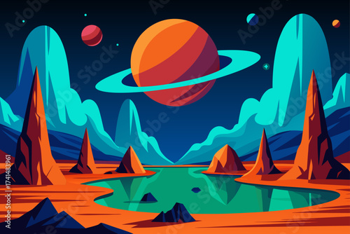 Cartoon planet landscape with ringed planet above