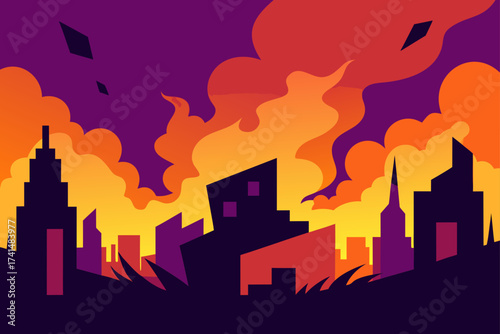 Silhouette of a city skyline against a fiery sky