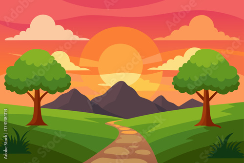 Cartoon landscape with trees mountains and sunset