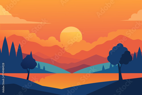 Landscape view with mountains and sunset illustration