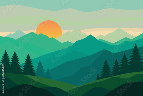Landscape view of mountains with trees and sunset sky
