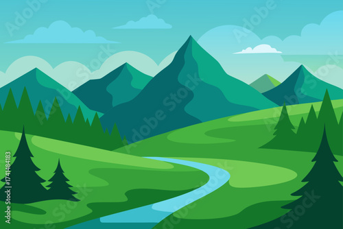 Landscape with mountains trees and a winding river