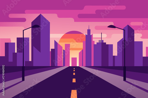 Cityscape view with road and sunset in purple tone
