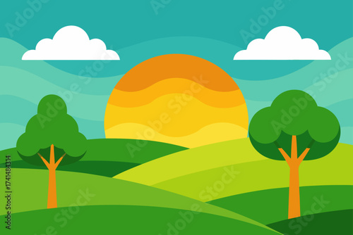 Landscape of hills with trees sun and cloud scenery