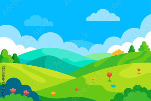 Cartoon landscape with hills, sky and flower fields