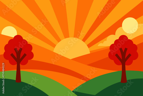 Stylized autumn landscape with trees and setting sun