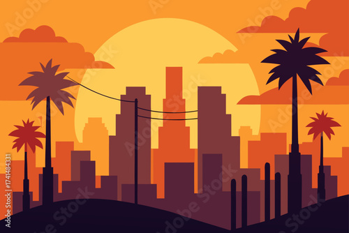 City skyline with palm trees and sunset illustration