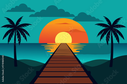Sunset scene with palm trees and wooden pier view