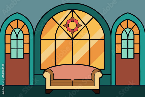 Interior view with sofa and stained glass windows