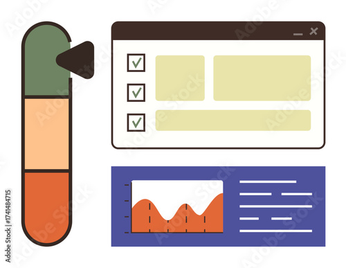 Vertical progress bar, checklist with marked items, and chart with fluctuating data. Ideal for productivity, strategy planning, data analysis, performance tracking, workflow, UI design simple flat