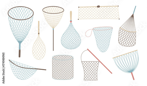 Collection of Fishing Nets in Various Shapes and Sizes on White Background for Angling