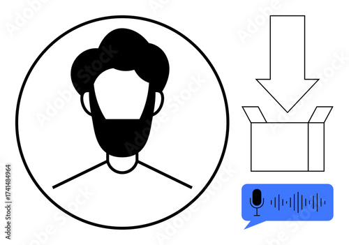 Male avatar in circle, downward arrow into open box, blue chat bubble with microphone and sound waves. Ideal for technology, personalization, user input, packaging, chat, communication voice