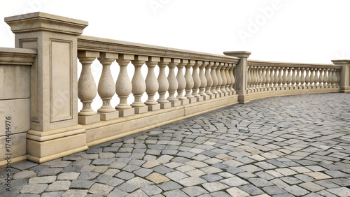 Classic stone italian balustrade. Balustrade, terrace, porch or balcony railing, fencing sections with baluster. 