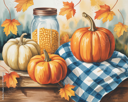 Autumn Still Life with Pumpkins, Corn, and Leaves on a Blue Checkered Cloth on Wood