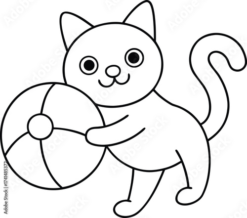 Adorable Cat Playing Alone with a Bright Beach Ball Line Art Vector illustration