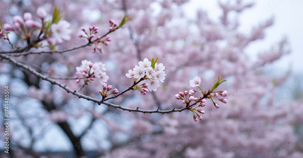 Obraz premium Delicate pink cherry blossoms on a branch with soft bokeh background sakura pink flowers