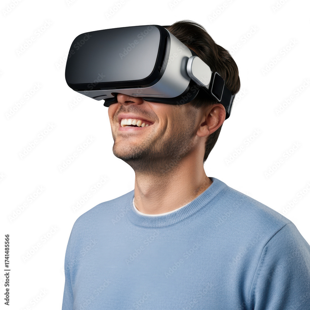 Fototapeta premium Man enjoying immersive virtual reality experience wearing modern vr headset technology transparent background