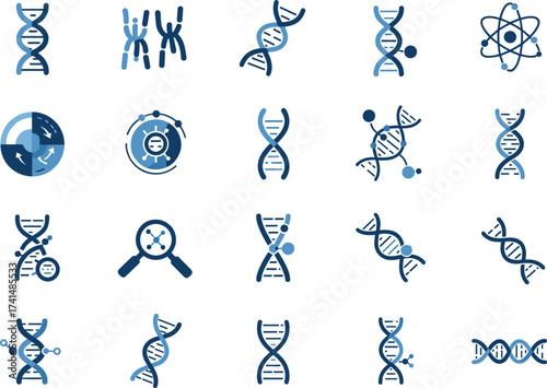 DNA double helix icon set, genetic science symbols, molecular biology illustration, chromosome structure vector, biotechnology genome research, medical laboratory education graphics