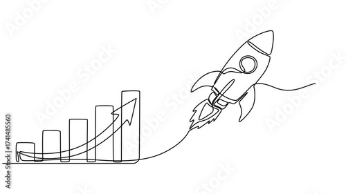 graph or Rocket launch ship continuous one line drawing animation, Business graph showing growth and success isolated on transparent background, One continuous line drawing of Rocket space ship launch