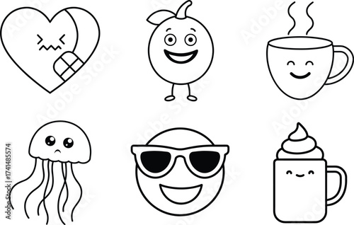 Whimsical Cast of Expressive and Dreamy Emotions Set Line Art Vector illustration