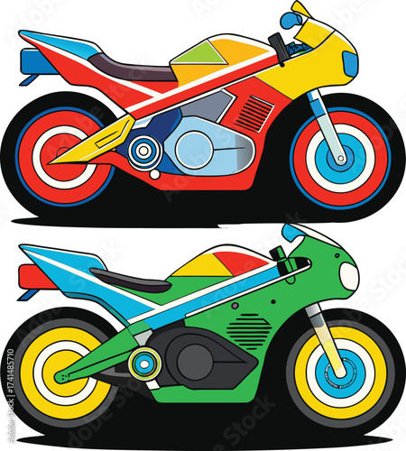 Colorful cartoon motorcycles side by side illustration