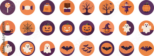 24 Halloween-themed flat cartoon icons in round orange and purple badges