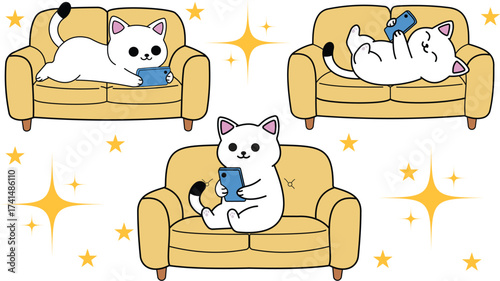 Kawaii Cat Using Phone on Sofa – Editable Vector Art