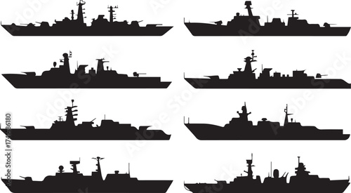 silhouette collection of ten warships vector ai eps jpeg png naval fleet profiles radar missile superstructure