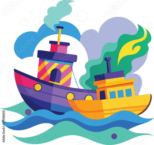 Colorful cartoon tugboats sailing on wavy blue water with smoke