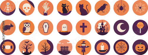 24 Halloween-themed flat icons in round badges with orange and purple palette
