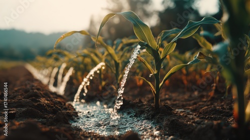 Irrigation system in a corn field watering crop plants with bright sunlight and green leaves