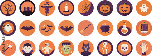 24 Halloween-themed flat cartoon icons in circular frames with orange and purple gradient backgrounds