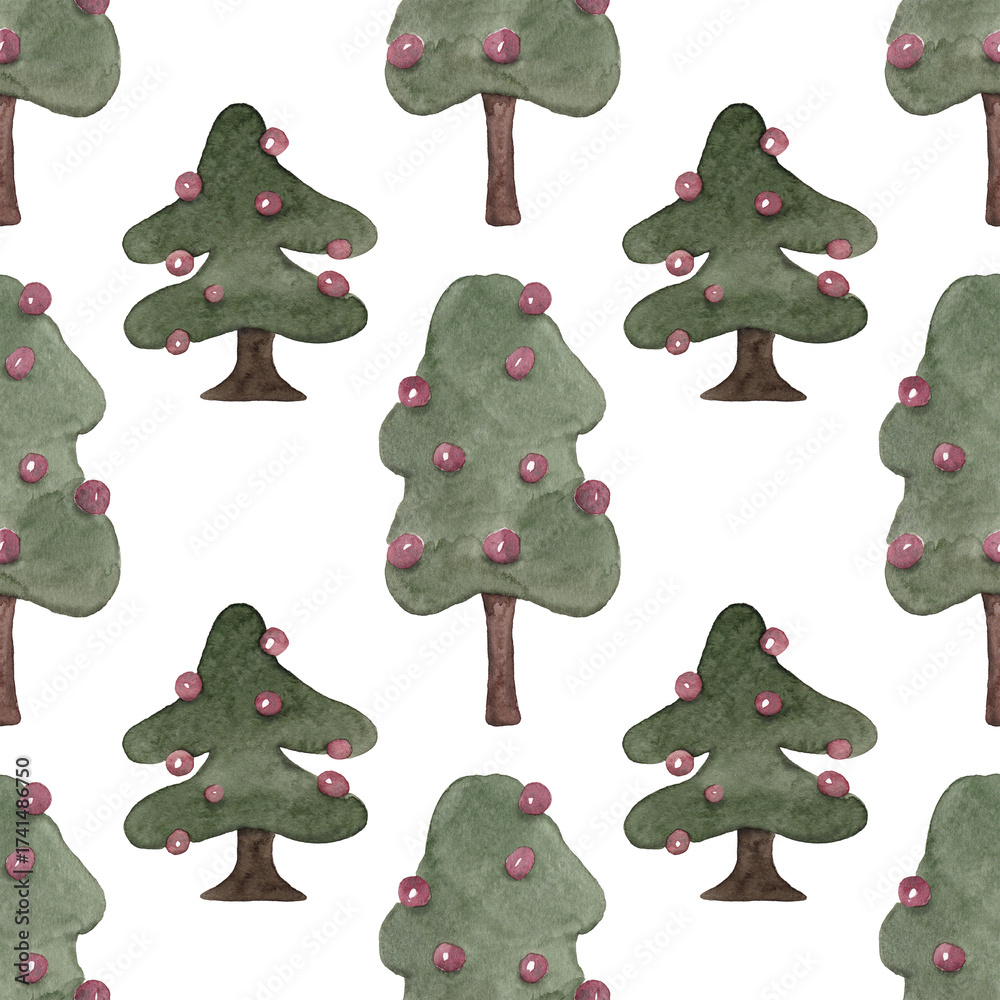 Fototapeta premium Green trees. Decorated Christmas trees. New Year's seamless pattern for your design