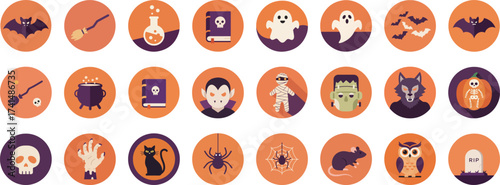 24 Halloween-themed flat cartoon icons in circular frames on gradient background