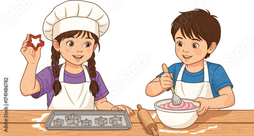 Children baking cookies, kid chefs, cooking activity, teamwork in kitchen, fun learning, flour mess, holiday treats, creative play, culinary skills