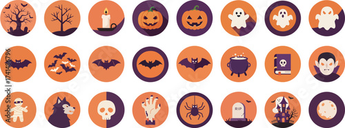 24 Halloween-themed icons in circular frames on gradient background