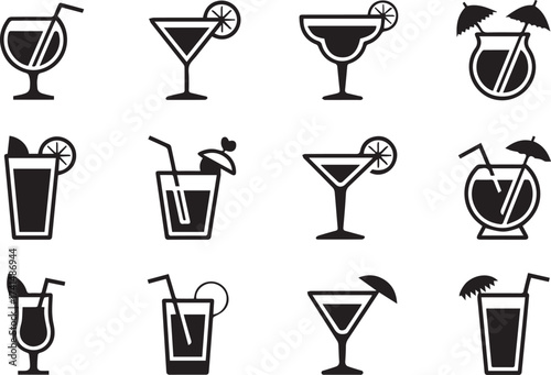 drink glass icon set monochrome mocktail and nonalcoholic beverage silhouettes ai eps png jpeg