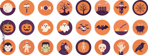 24 Halloween-themed flat icons in circular badges with purple and orange gradient background