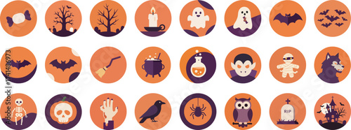 24 Halloween-themed flat icons in a symmetrical grid with orange and purple gradient background