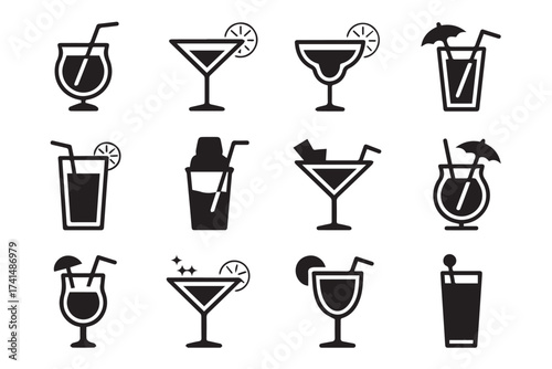 beverage glass icon set 12 minimal black and white nonalcoholic drink symbols for design assets