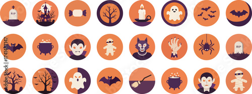 24 Halloween-themed circular icons in a cohesive digital illustration style with a gradient orange and purple background