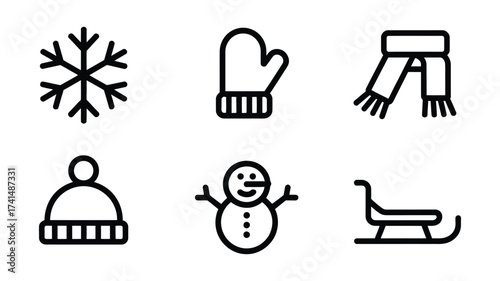 Vector art of winter icons showing snowflake, mitten, scarf, hat, snowman, and sled in a simple line art style for holiday season