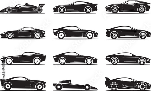 black and white car silhouette collection vehicles side view vector set for logo decal and editorial use