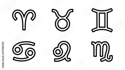 Vector art of zodiac signs aries, taurus, gemini, cancer, leo, virgo astrological symbols for horoscopes and predictions