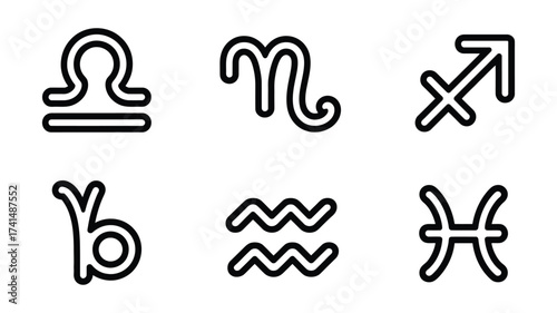 Vector art of collection of zodiac signs in vector format, featuring libra, scorpio, sagittarius, capricorn, aquarius, and pisces