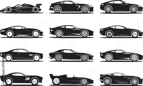 automotive vector pack eight side profile car silhouettes high contrast black and white designs for logos and mockups